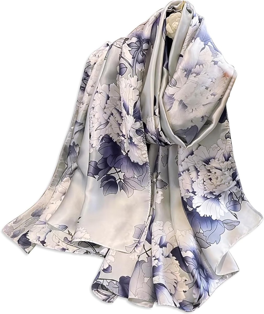Elegante zijden sjaal met artistieke inktverf en bloemenprint voor dames - Lichtgewicht, warm en multifunctioneel als stranddoek of hoofddoek
