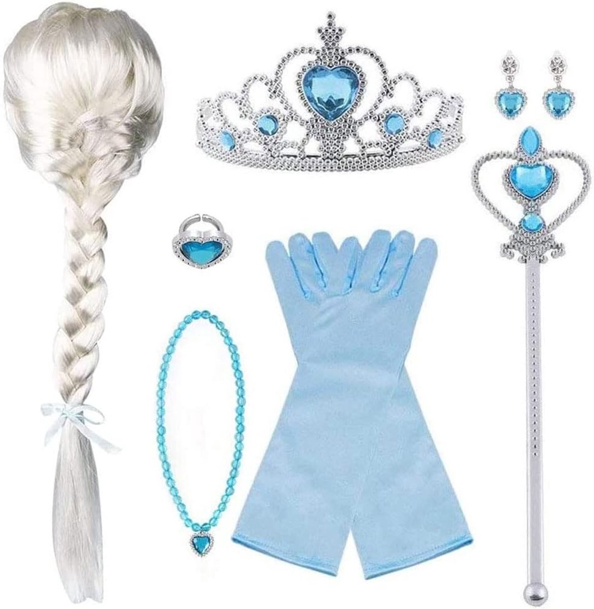 Elsa Kostuumset met Handschoenen, Tiara, Vlecht, Toverstaf en Kroon voor Feestjes en Verjaardagen - Perfect voor Carnaval en Kerst (Blauw)