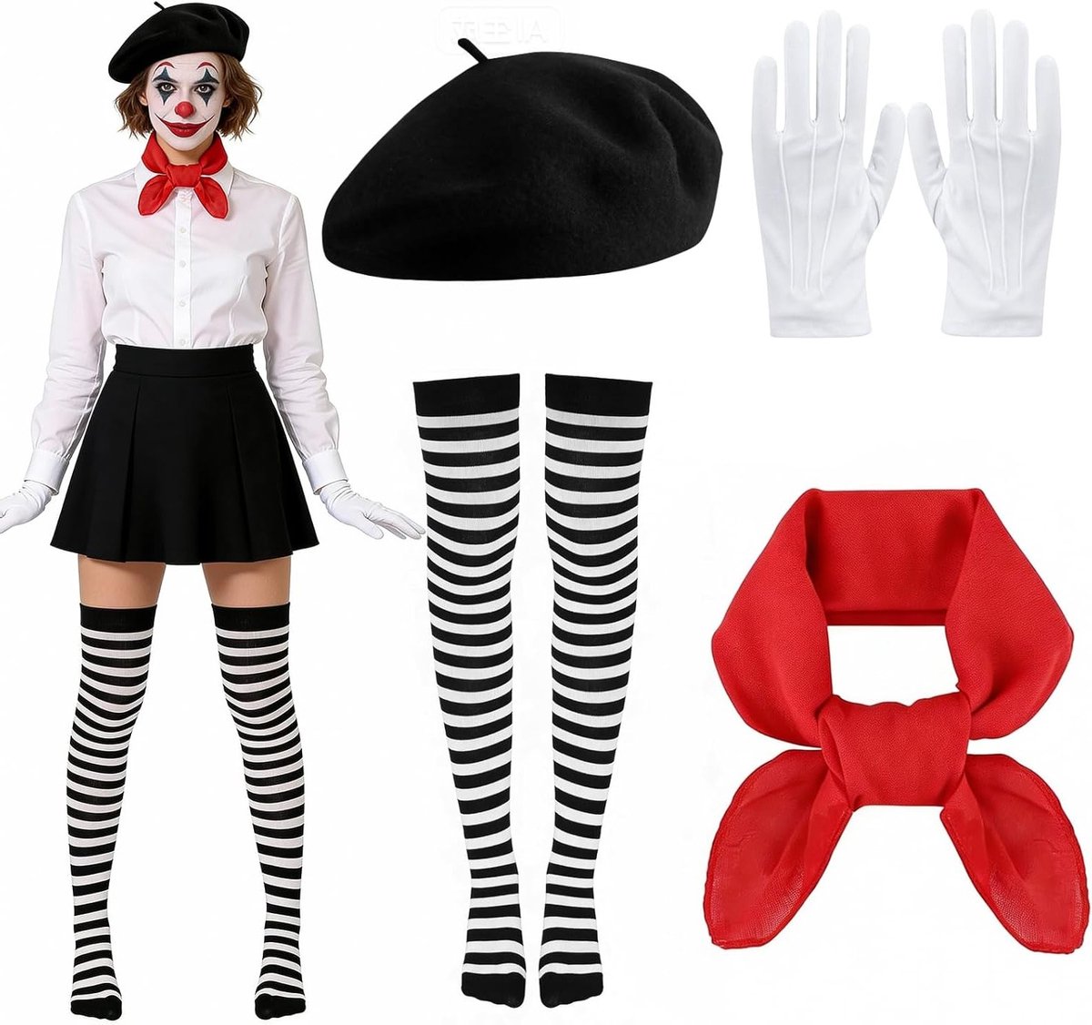 Pantomime Kostuum voor Vrouwen met Accessoires - Franse Mime Outfit voor Carnaval en Halloween Feestjes