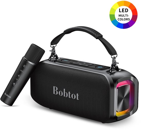 Bluetooth karaoke speaker 50W met draadloze microfoon, RGB verlichting, IPX6 waterdicht, 10 uur batterij