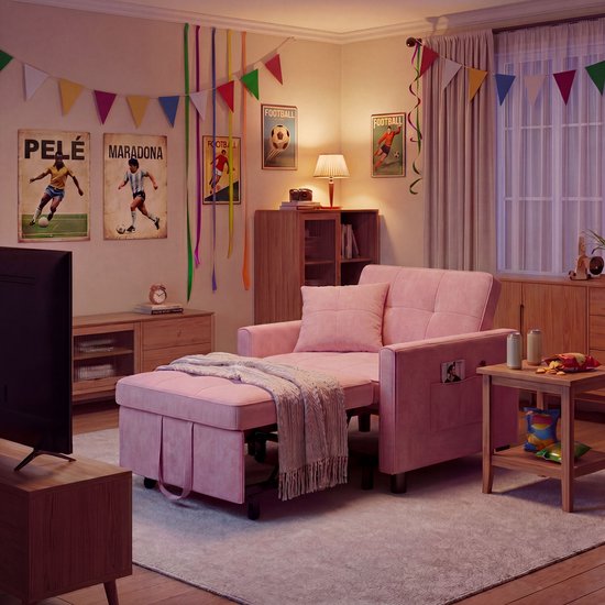 Canapé-lit Bealife AR21 1 personne - Canapé 3 en 1 avec fonction couchage - Canapé-lit réglable - Canapé avec accoudoirs pour salon, chambre, chambre d'amis - Rose