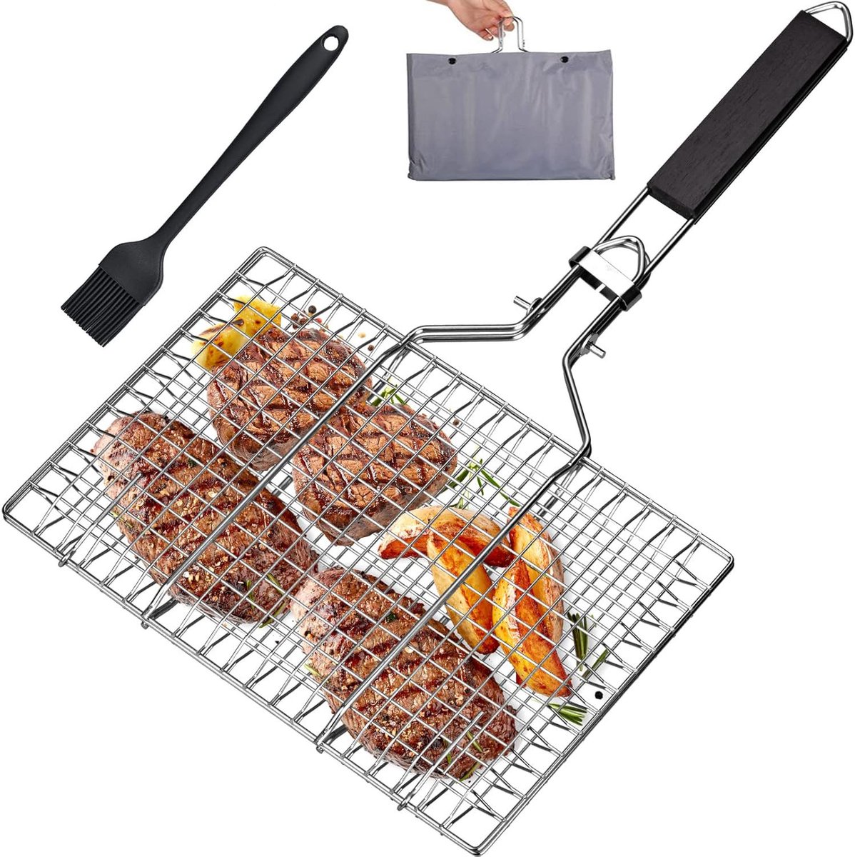 BBQ Grillkorf van Roestvrij Staal – Inklapbaar Vis- en Groente Grillmand, Afneembare Houten Handgreep, Anti-aanbak Grillrooster, Inclusief Opbergtas & Siliconen Kwast – Geschikt voor Gas-, Houtskool- en Elektrische Grill