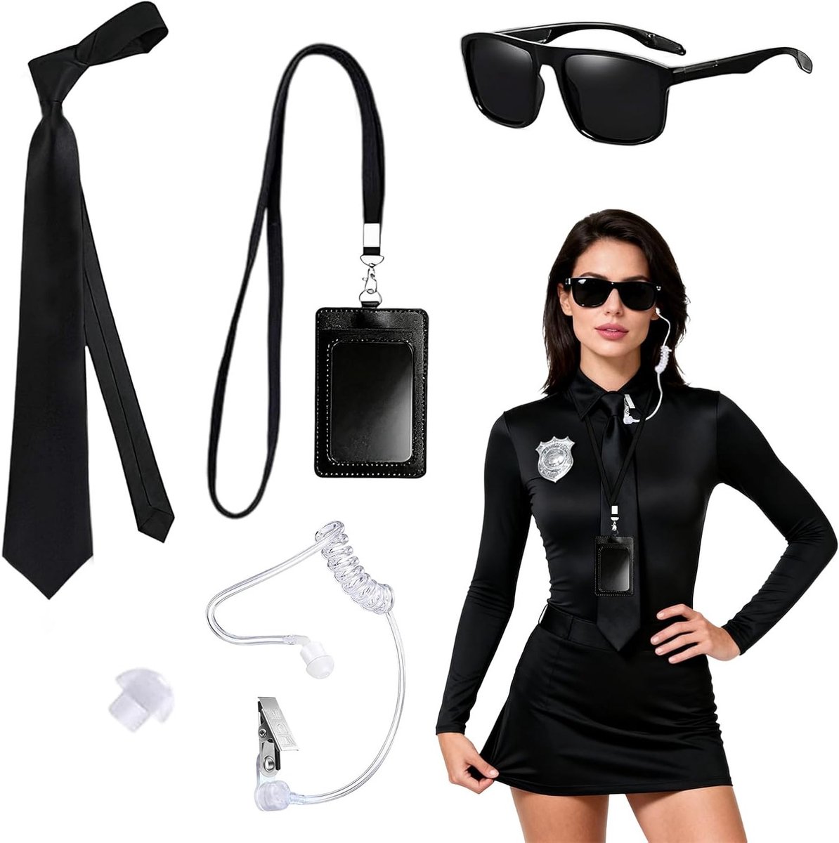 Agent Kostuum Accessoires Set met Zonnebril, Oortelefoon, Stropdas en ID Kaarthouder voor Bodyguard Carnaval en Cosplay voor Volwassenen en Kinderen