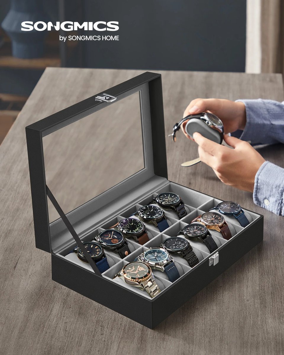 Cherrys Finds - Horloge Doos - Horloges Box 12-Compartimenten - Horloge Box- Met Glazen Deksel - Zwart