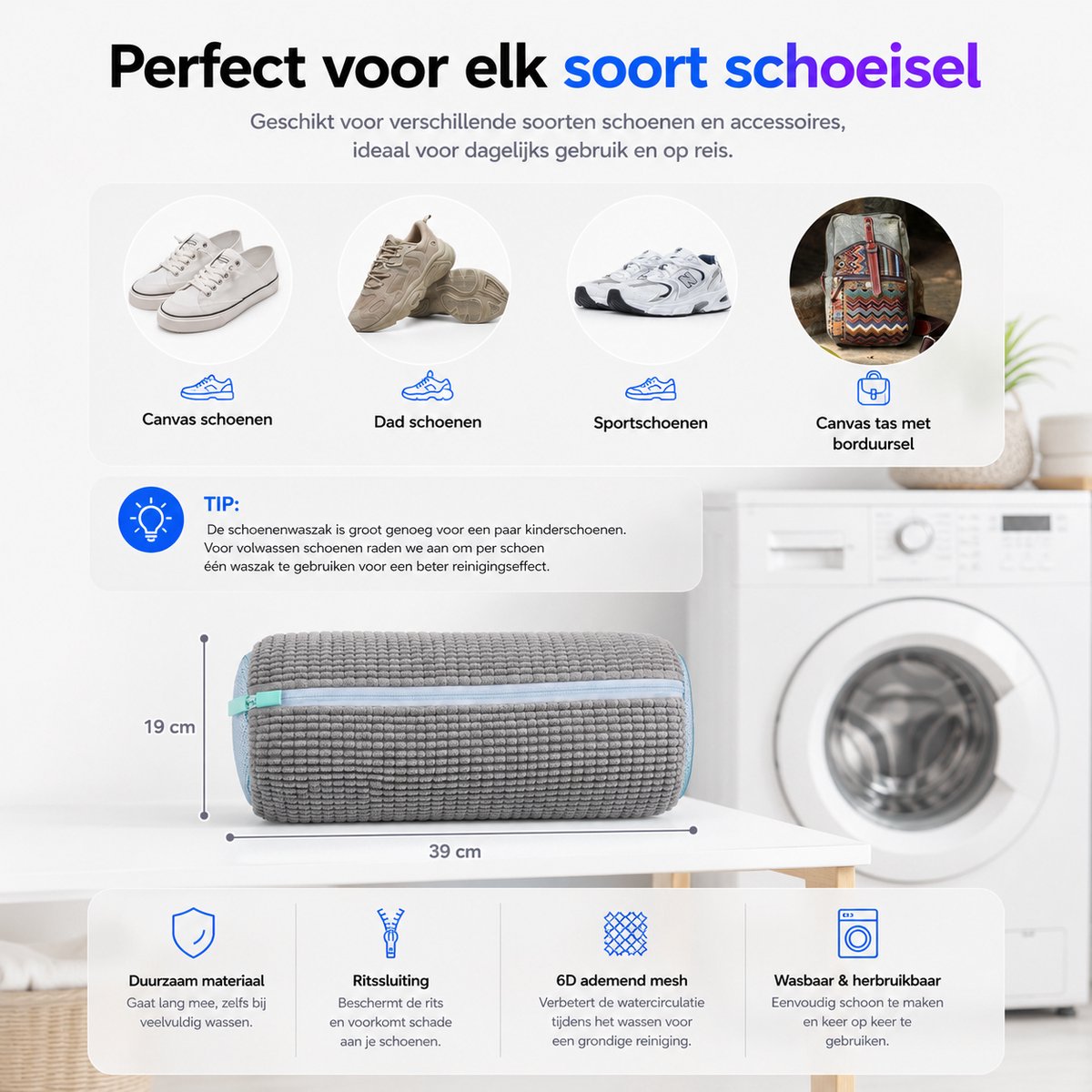 BOTC Schoenwaszak - Waszak voor schoenen - 2stuks - Herbruikbaar - Wasmachine&Droger - voor Sneakers en Tennisschoenen- Grijs/Blauw — afbeelding 6