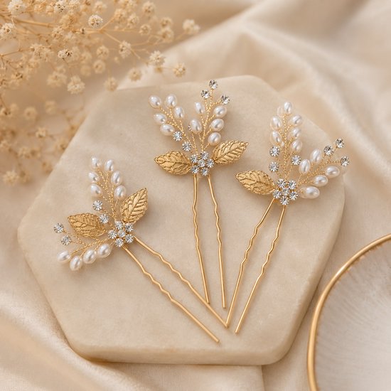 Cheveux in Style® Safa Series - Pearl Crystal Leaf Goud - Set de 3 points de cheveux dorés avec perles, cristaux et feuilles d'or