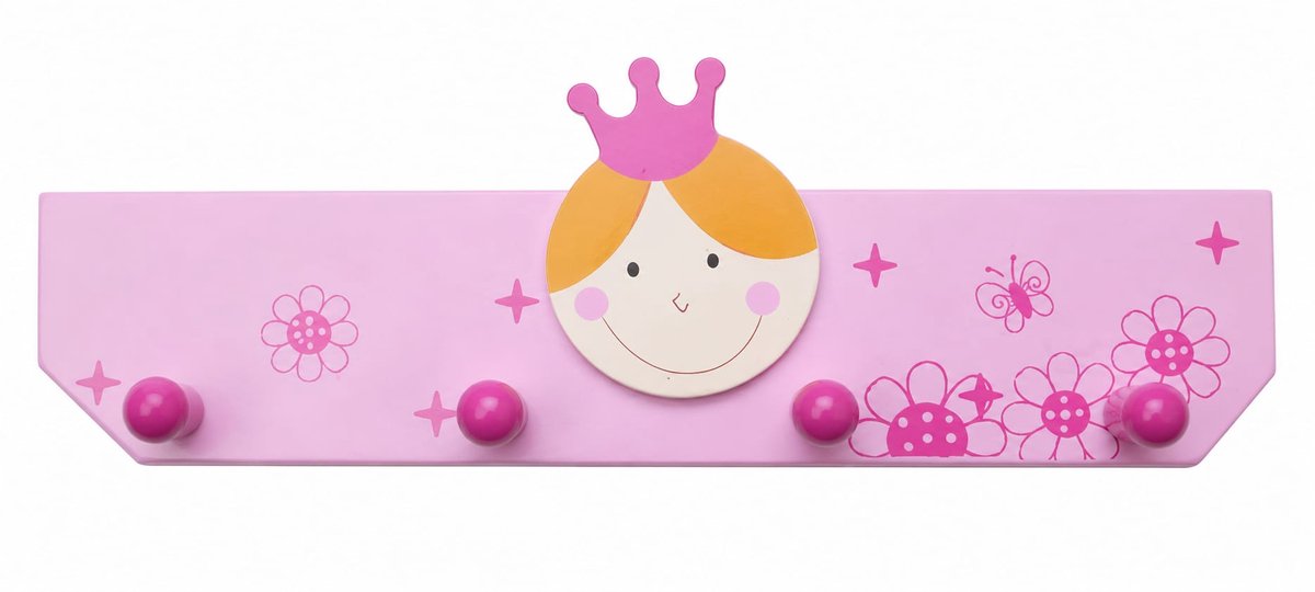 Roze Kinderkapstok met Prinses - 4 Haken - Houten Kapstok 350 mm - Voor Kinderkamer