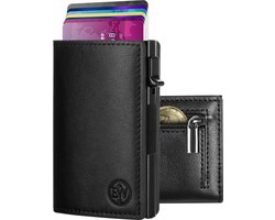EliteWallets® Pasjeshouder Smart - Uitschuifbaar met Ritsvakje - Kaarthouder voor Mannen en Vrouwen - Nappa Leer - RFID Bescherming - Pashouder voor 10 Pasjes en Muntgeld - Zwart