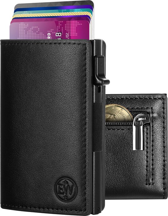 EliteWallets® Pasjeshouder Smart - Uitschuifbaar met Ritsvakje - Kaarthouder voor Mannen en Vrouwen - Nappa Leer - RFID Bescherming - Pashouder voor 10 Pasjes en Muntgeld - Zwart