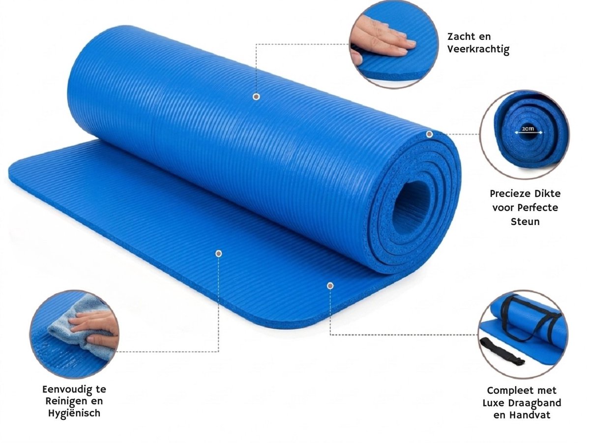 Bobbel Home Luxe Yogamat - 1cm Extra Dik - NBR Antislip - Fitnessmat voor Yoga, Pilates & Home Workout - 180x60cm - Blauw thumbnail 5