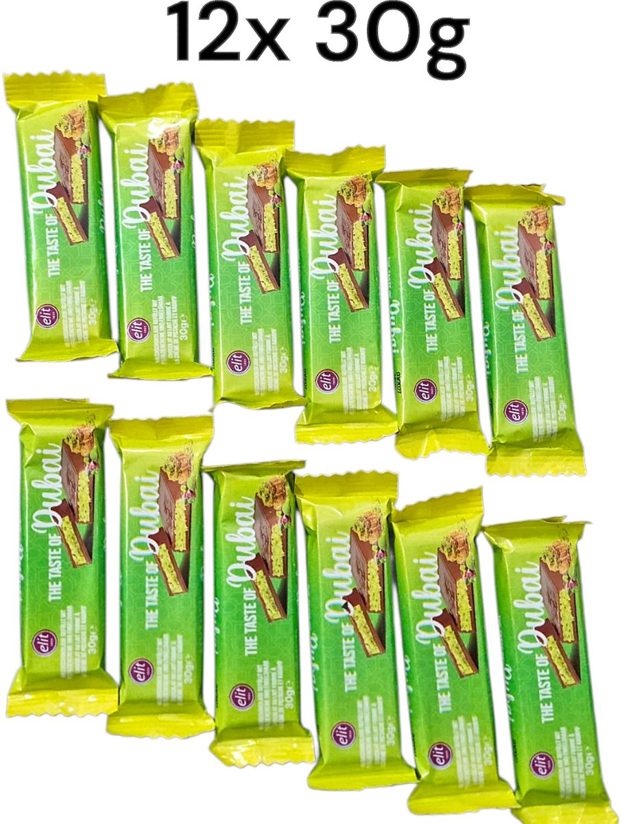 Elit Dubai Chocolade Reep met Kadayıf & Antep Pistachecrème – 12x30g Mini Voordeelpak | Luxe Gevulde Chocolade | Premium Snack & Cadeau