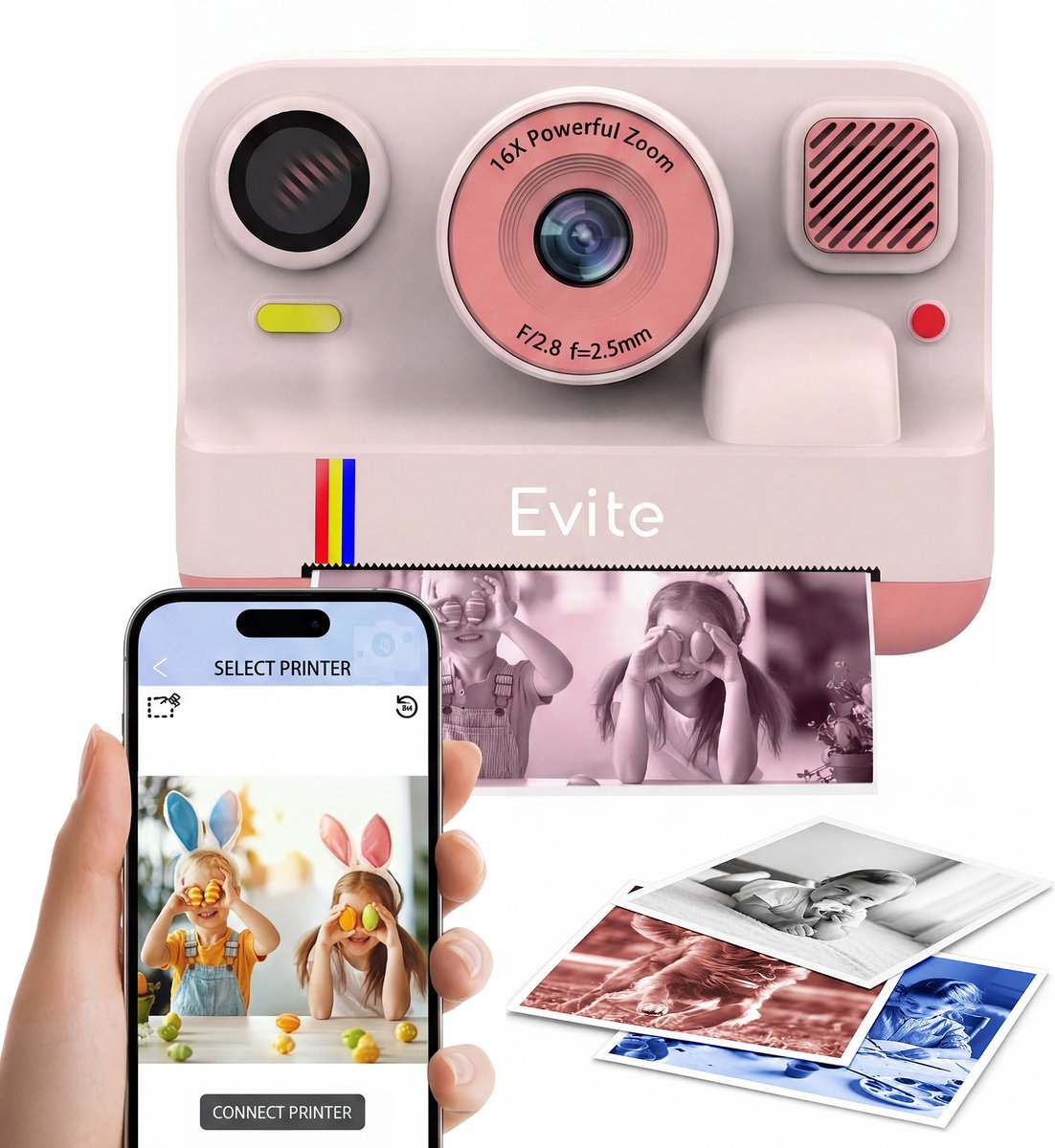 Evite Kids Kindercamera met Foto Printer - Bluetooth Printer - Digitale Camera Kinderen - met SD Kaart & 3 Rollen - Full HD Foto en Video - Spelletjes - Roze