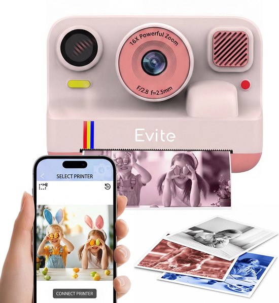 Evite Kids Kindercamera met Foto Printer - Bluetooth Printer - Digitale Camera Kinderen - met SD Kaart & 3 Rollen - Full HD Foto en Video - Spelletjes - Roze