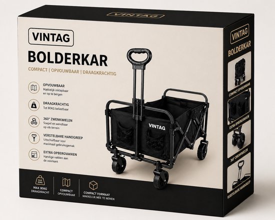 Bolderkar - Bolderkar Opvouwbaar - 80 KG Laadvermogen - Staal - Opvouwbaar - Polyester - Laadruimte 80 x 50 x 27 - Festival/Strand/Camping Bolderkar - Draaibare Wielen van Merkloos — afbeelding 2
