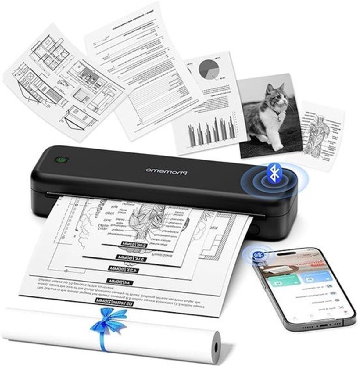 Draagbare A4 Thermische Printer – Mobiele Printer – Mini Printer – Inkjetvrije Printer – Bluetooth Printer – Compact & Lichtgewicht – Hoge Resolutie 300 dpi