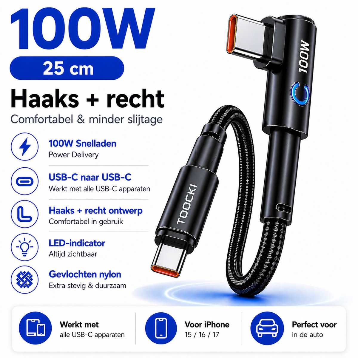 USB-C kabel 25 cm haaks & recht, 100W snelladen, duurzaam gevlochten nylon, geschikt MacBook, iPhone 15, Samsung - Afbeelding 3
