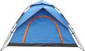 Frontaal zicht op een opgezette blauwe tent met oranje accenten en een grijze basis.