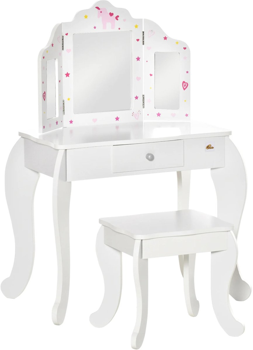 Roossentials Kaptafel - Make-up tafel - Beautytafel - Schminktafel - Voor kinderen - Met spiegel, kruk en lade - Hout - Wit