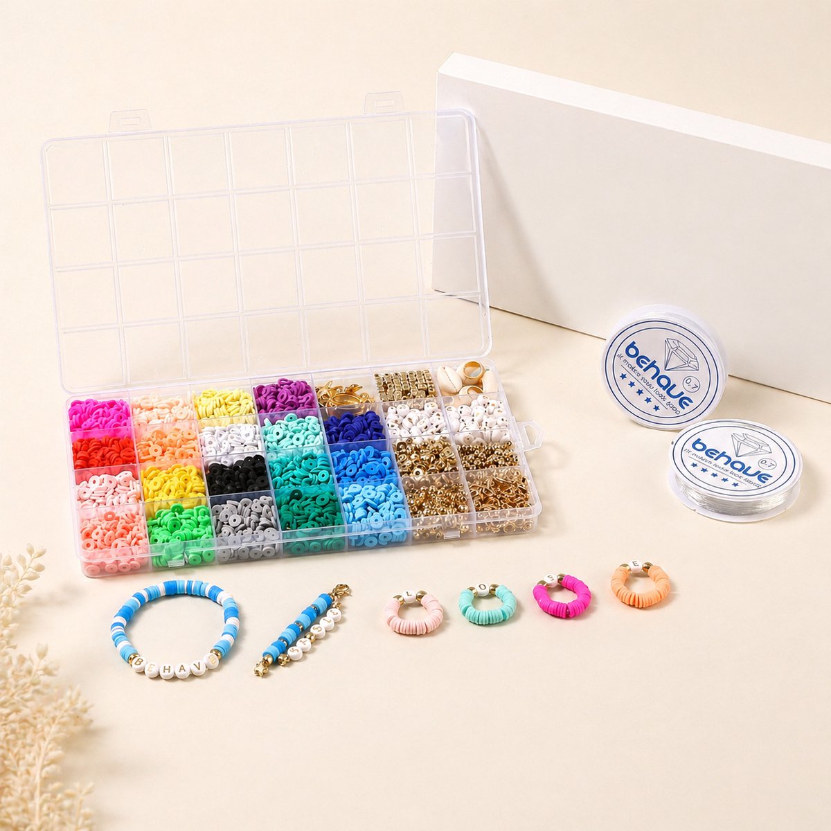 Behave Premium Katsuki Kralen Set - Knutselen Meisjes - Polymeer kralen - Kralenset - Platte kralen - Goudkleurig - Bedels - 28 Vakjes - 19 Kleuren - 6mm - Veel accessoires — afbeelding 7