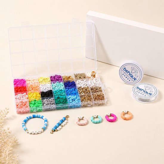 Behave Premium Katsuki Kralen Set - Knutselen Meisjes - Polymeer kralen - Kralenset - Platte kralen - Goudkleurig - Bedels - 28 Vakjes - 19 Kleuren - 6mm - Veel accessoires