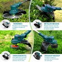 Multifunctionele grastrimmer met 4 opzetstukken: rondmes, metalen messen, onkruidborstel en draadkop.