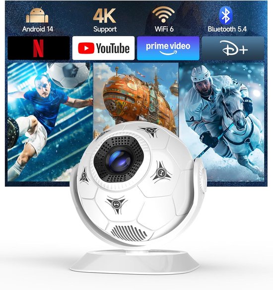 Mini Beamer 4K Ondersteuning Wifi 6 Bluetooth 5.4 360° Draaibaar Short Throw Voetbal Design