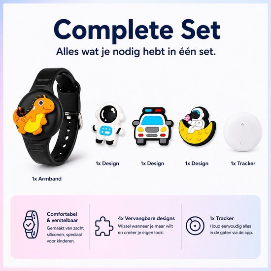 Complete set: zwarte armband met gele dinosaurus, 3 verwisselbare ontwerpen (astronaut, politieauto, astronaut op maan) en een witte tracker.