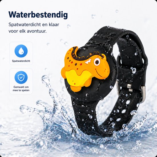 Zwarte band met gele dinosaurus, ondergedompeld in water. Beschermd tegen water.
