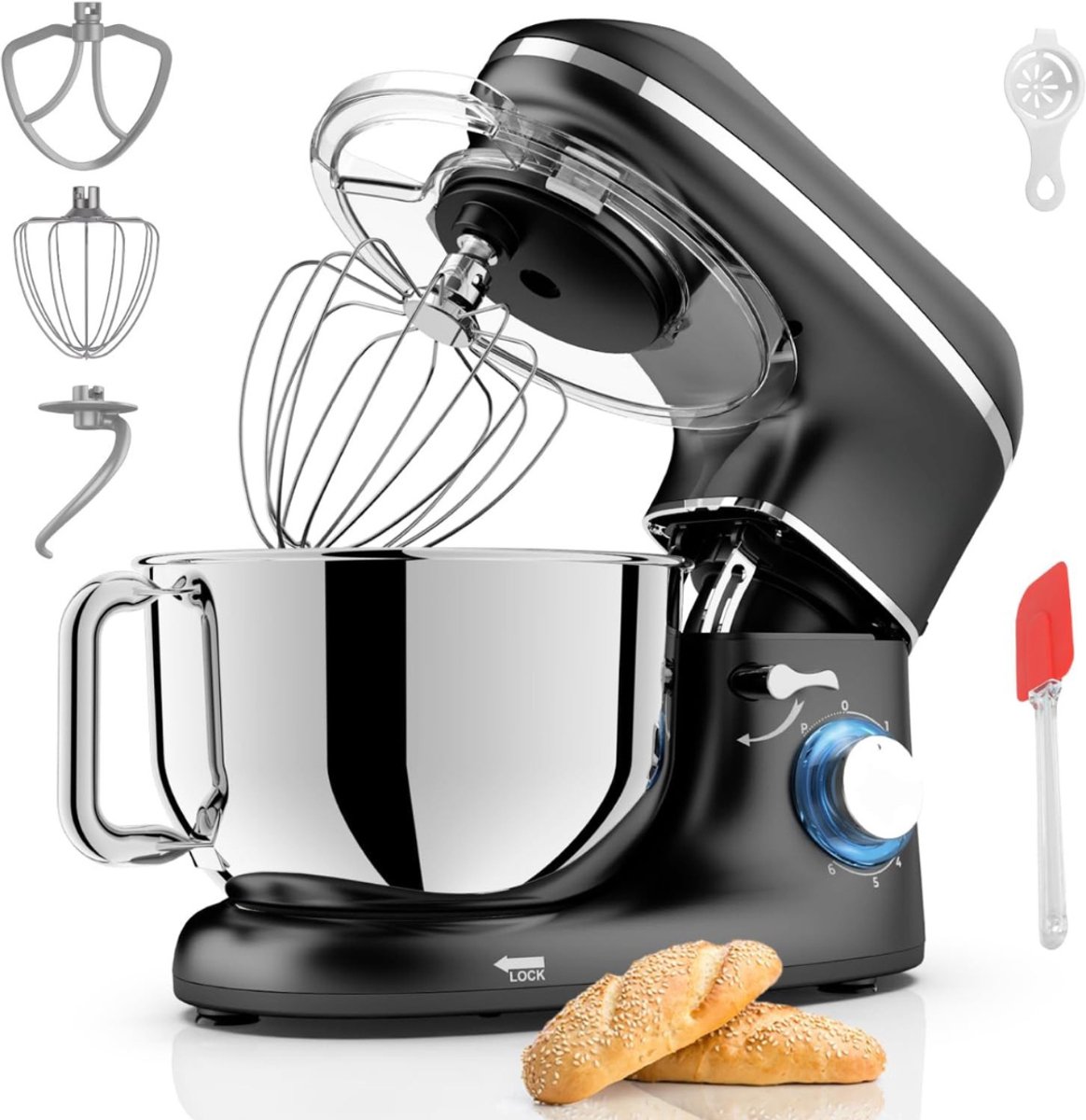 YOR® Mixer met Mengkom - Keukenmachine - Keukenrobot - Inclusief Accessoires - Antraciet - 38cm x 24cm x 32cm
