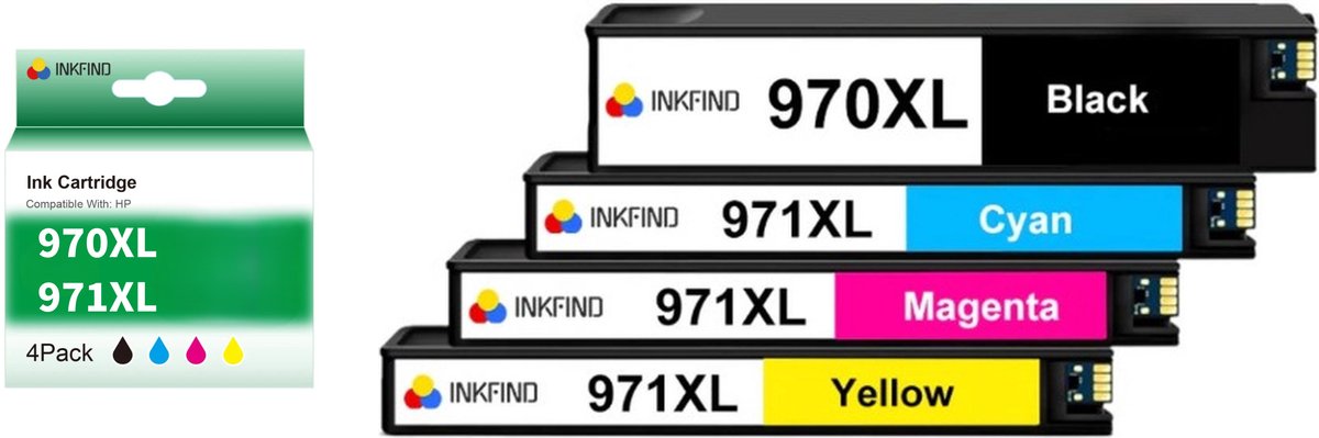 INKFIND 970XL 971XL Inktcartridges Geschikt voor HP 970 HP970 HP971 HP 971 HP970X HP971X HP 970X HP 971X- Set van 4 - ( 1 x Zwart, 1 x Cyaan, 1 x Magenta, 1 x Geel) - Geschikt voor HP OfficeJet Pro X450, X451, X470, X551, X576 Series