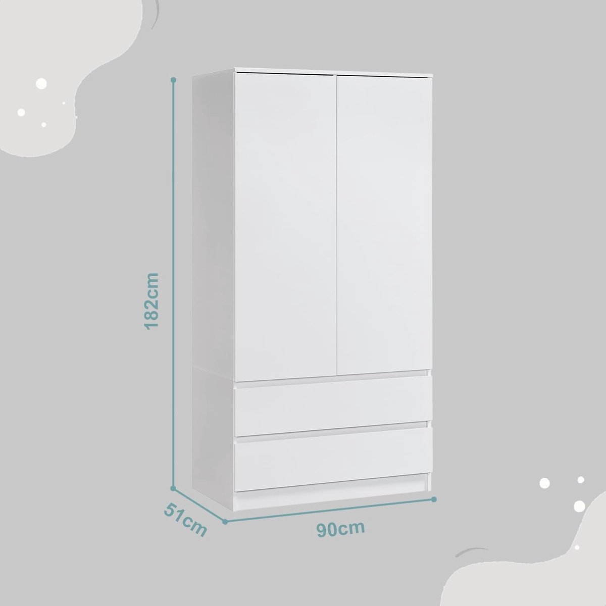 Lumièra Luxe Witte Kledingkast met Lades 90x51x182 cm – 2-Deurs Kast met Legplanken, Kledingstang en 2 Lades voor Slaapkamer & Hal – Nicolehome