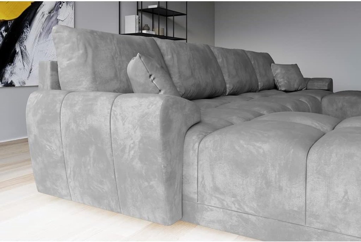 U-vorm Hoekbank Slaapbank 365 x 189 cm – Fluwelen Slaapbank met Uittrekbare Bedfunctie, Opbergruimte & Kussens – Luxe Hoekbank met Slaapfunctie Lichtgrijs – HomebyNicole