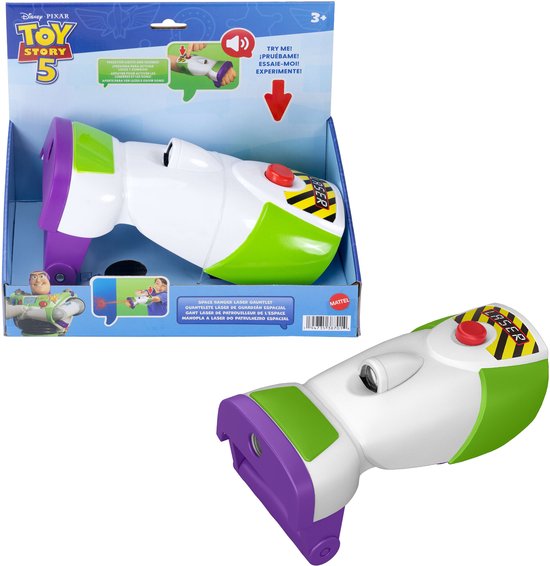 Gant laser Buzz l'Éclair dans son emballage, blanc avec des accents verts et violets.