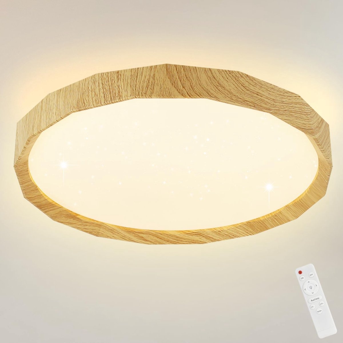 Glitzerlife - Plafondlamp - LED Sterrenhemel - Dimbaar Met Afstandsbediening - Houtlook - Flikkervrij CCT - Ø40cm - Licht Houtkleur