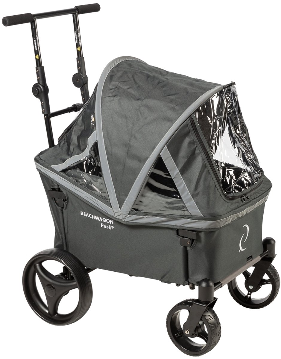 Beach Wagon Bolderkar Opvouwbaar PUSH Combideal - 40KG - Donkergrijs - Duwstang Bolderwagen met Dak - Handkar - Strandwagen - Soepel Sturende Wielen - Wasbare Stof