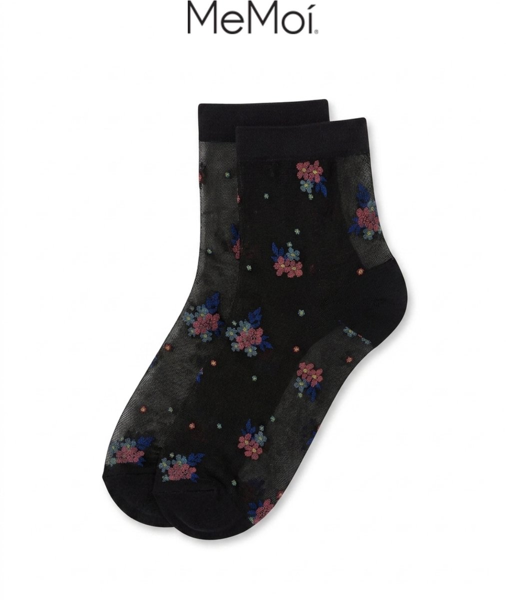 Dames enkelsokken Posy Patch Floral Knit Anklet - 2 Paar - Black / Nude, Maat One Size