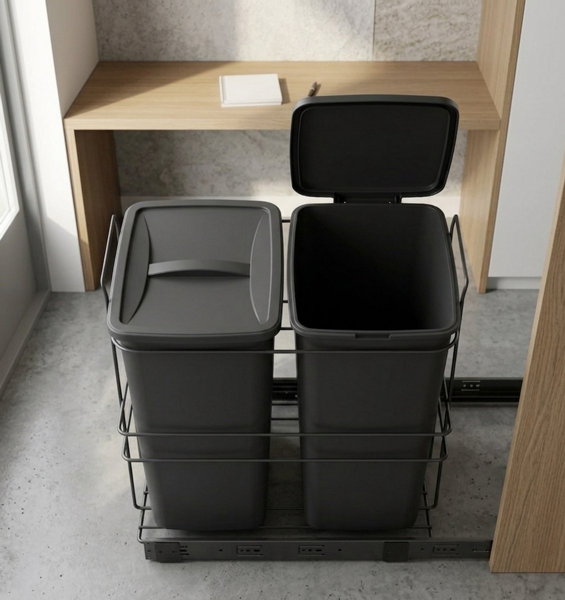 Luxe Uittrekbare Inbouw Afvalscheidingssysteem 70L – 2x 35L Prullenbak – Soft Close – Antraciet – Keuken Afvalemmer Kast – Onderbouw Vuilnisbak met Geleiders,Ganeey