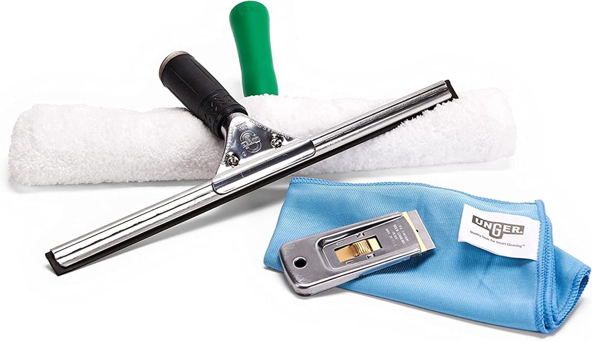 Gigicial Pro Pro 4-in-1 Advanced Kit, raamreinigingsset met raamwisser, raamtrekker, glasschraper, microvezeldoek; streepvrij vensterschoonmaken en professionele glasreiniging
