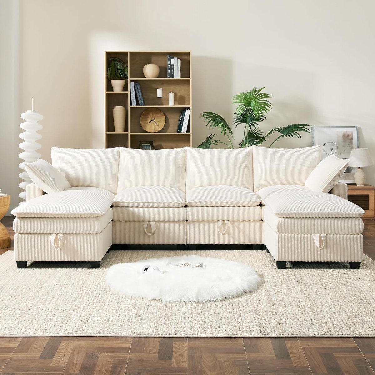 Luxe Modulaire L-Vorm Hoekbank met Opbergruimte, USB-Laadstation, Afneembare Hocker en Corduroy Bekleding 280 x 151 x 82 cm – 6-Zits Beige Woonkamerbank voor Kleine Ruimtes en Appartementen