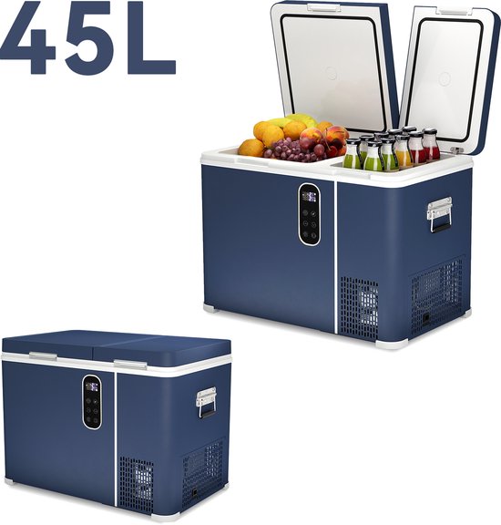 45L - Glacière à compresseur électrique 12V et 220V/230 Volts - Réfrigérateur de camping pour voiture - Glacière jusqu'à -20°C - Double zone - Double contrôle de la température - Bleu