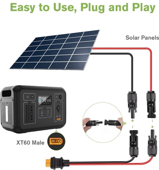 Solar Oplaadkabel Solar Connector naar XT60 Adapter, 12AWG Solar Panel Cable Kit Solar Connector Waterdichte Solar Cable Extension voor Portable Power Station en Solar Generator (50CM) — afbeelding 2