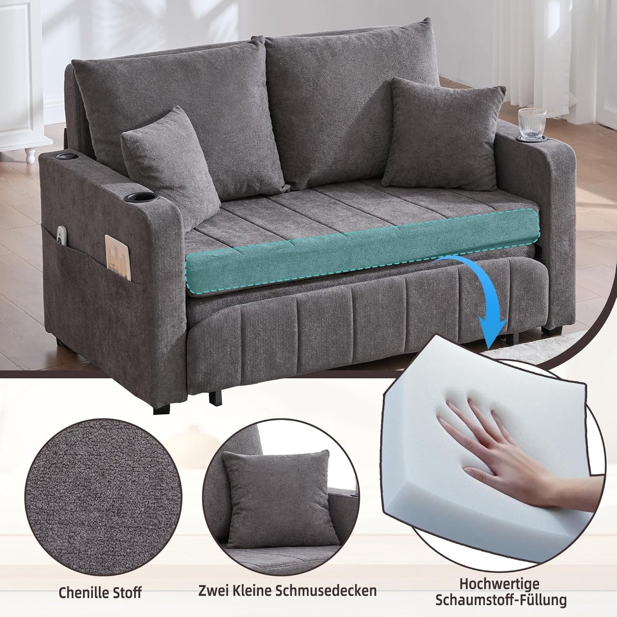 2-Zits Uitschuifbare Slaapbank met USB Oplaadfunctie, Chenille Stoffen Slaapbank met Cupholder & Afneembare Hoes, Compact Logeerbed 83D x 139W x 58H cm