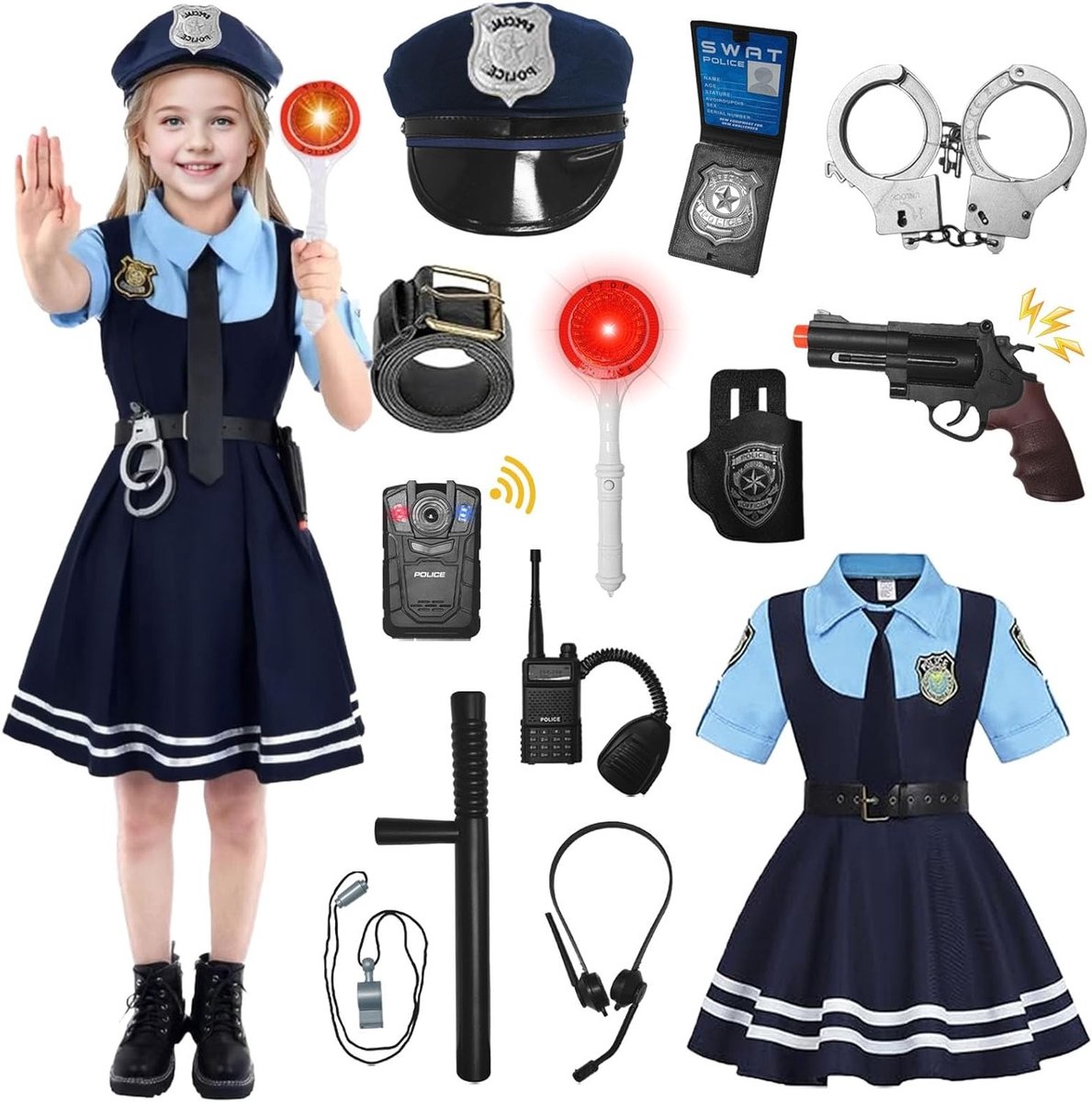 Kinderen Politie Kostuum voor Meisjes met Hoed, Riem, Walkie Talkie en Handboeien - Perfect voor Carnaval en Halloween Cosplay