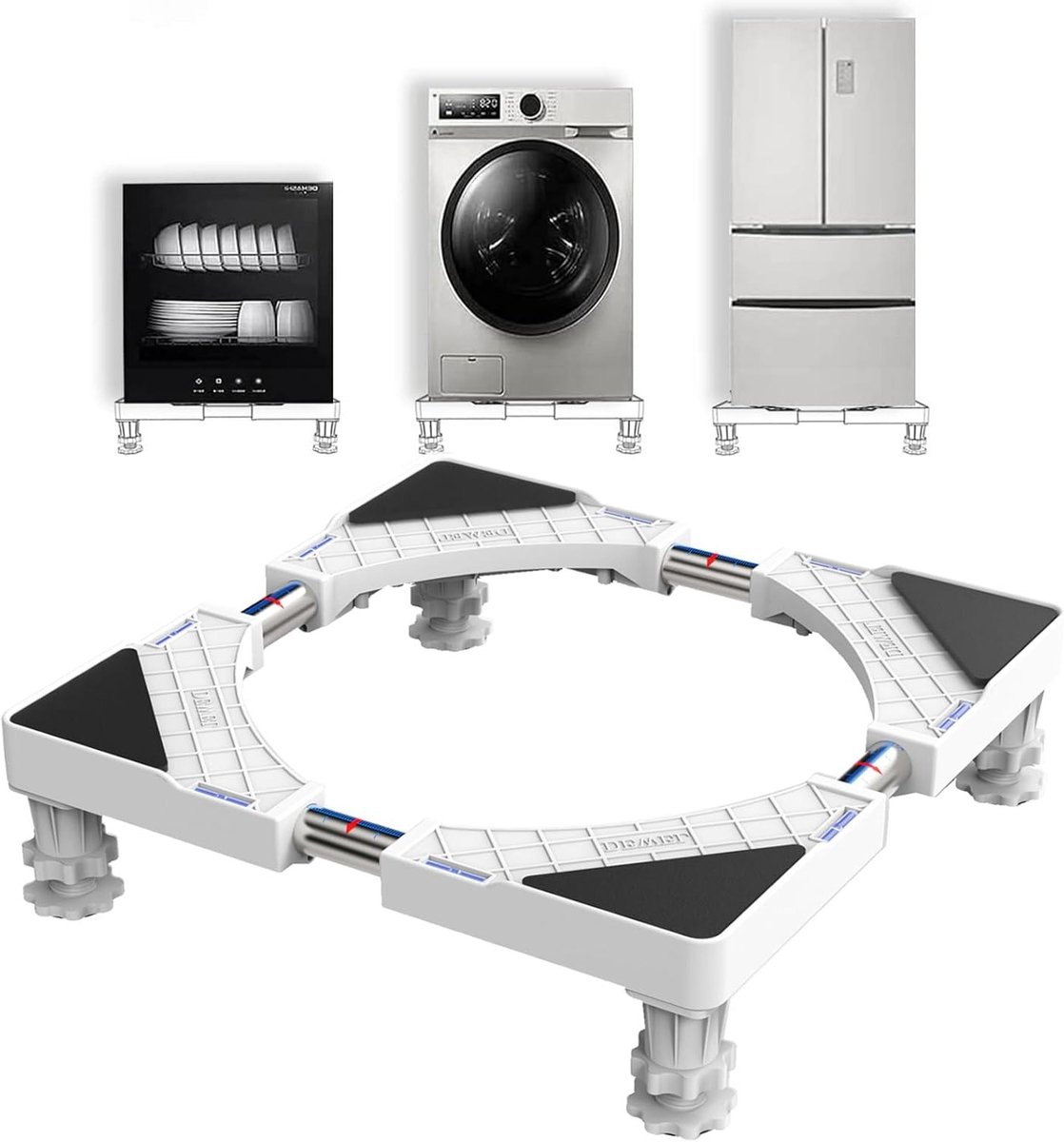 Verstelbare wasmachinebasis voor koelkast, droger en vaatwasser, 45-65 cm breed, 10-13 cm hoog, 300 kg draagvermogen, wit en stevig