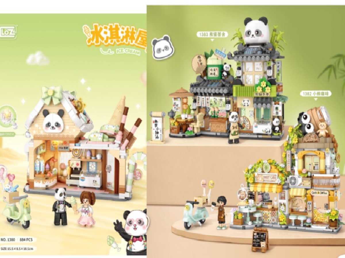 LOZ 1380 & 1382 & 1383 - 3 in 1 Bundle - Panda World Bundel - Panda Icecream house & Cute Little Bear Cafe & Panda Tea House