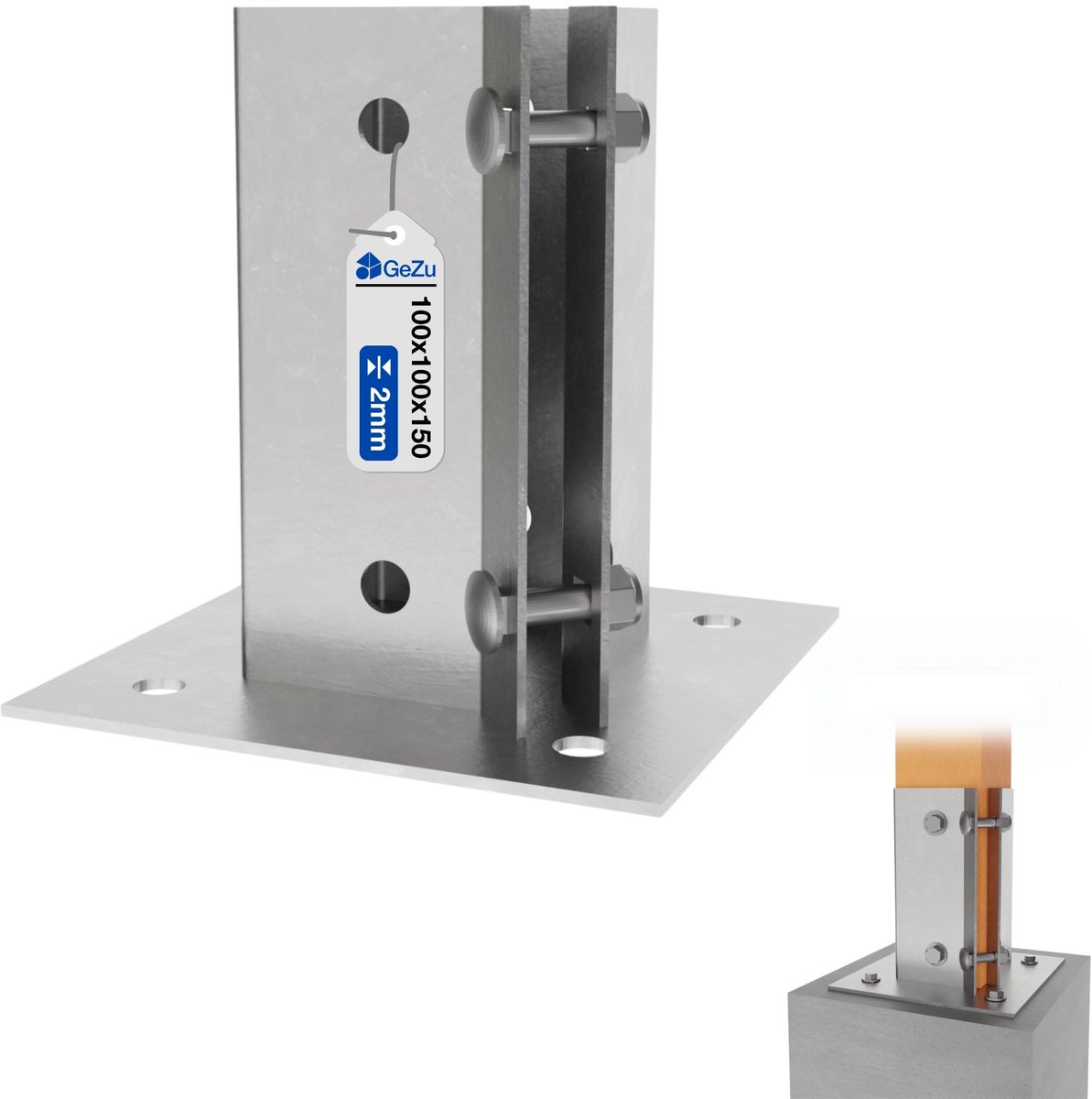 GeZu Impex Verstelbare Paalhouder Met Plaat 100 x 100 mm – Thermisch Verzinkt