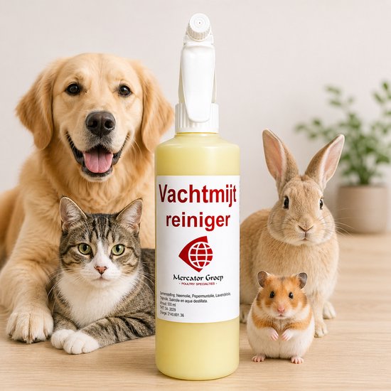 Sprayflacon met gele vloeistof, met een gouden retriever, kat, konijn en hamster.