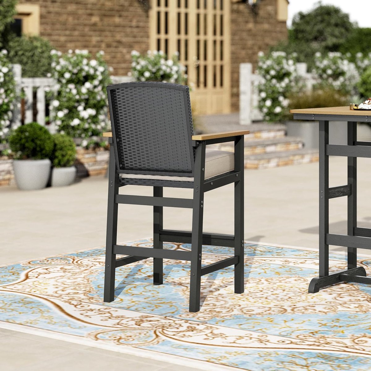 Tuin Bartafel Set 3-delig 75x66x106 cm met 2 Barkrukken en Kussens – Rotan & Houtlook – Zwart/Bruin Outdoor Barset voor Terras & Balkon – HomebyNicole