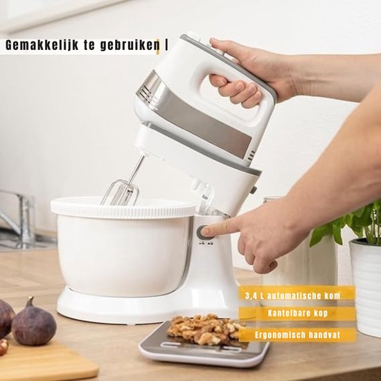 YOR® Mixer met Mengkom - Keukenmachine - Mixer - 3,4 Liter Mengkom - Wit - 31cm x 21cm x 36cm van Merkloos — afbeelding 3