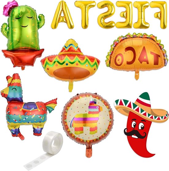 Kleurrijke Mexicaanse Ballonnen Set van 6 Stukken met Foliedecoratie voor Feestjes, Verjaardagen en Cinco de Mayo Decoratie